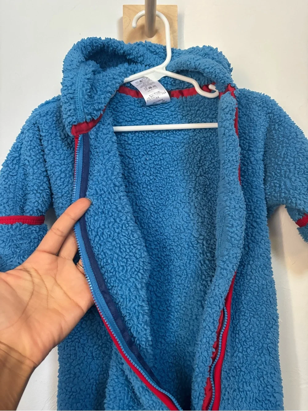 Patagonia Baby Fleece Bunting Size 3M Blue Red Hooded Footed